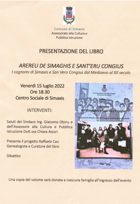 Simaghis. “Arereu de Simaghis e Sant’ ‘Eru ‘e Còngius”: presentada de su libru in su Tzentru Sotziali su 15 de trìulas